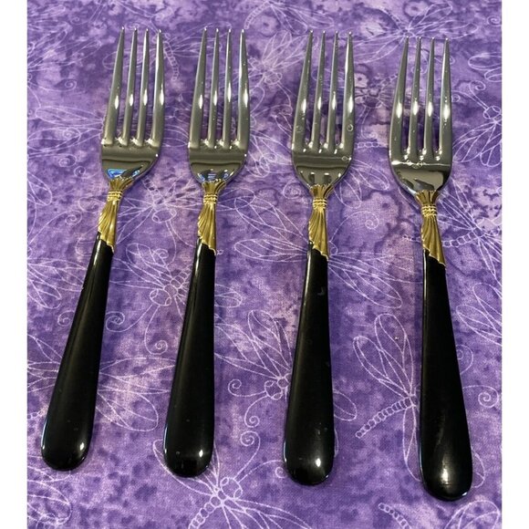 Yamazaki Lindi Salad‎ Forks 18/8 Stainless Black Handle Gold Accent Set Of 4 VTG - Picture 1 of 4